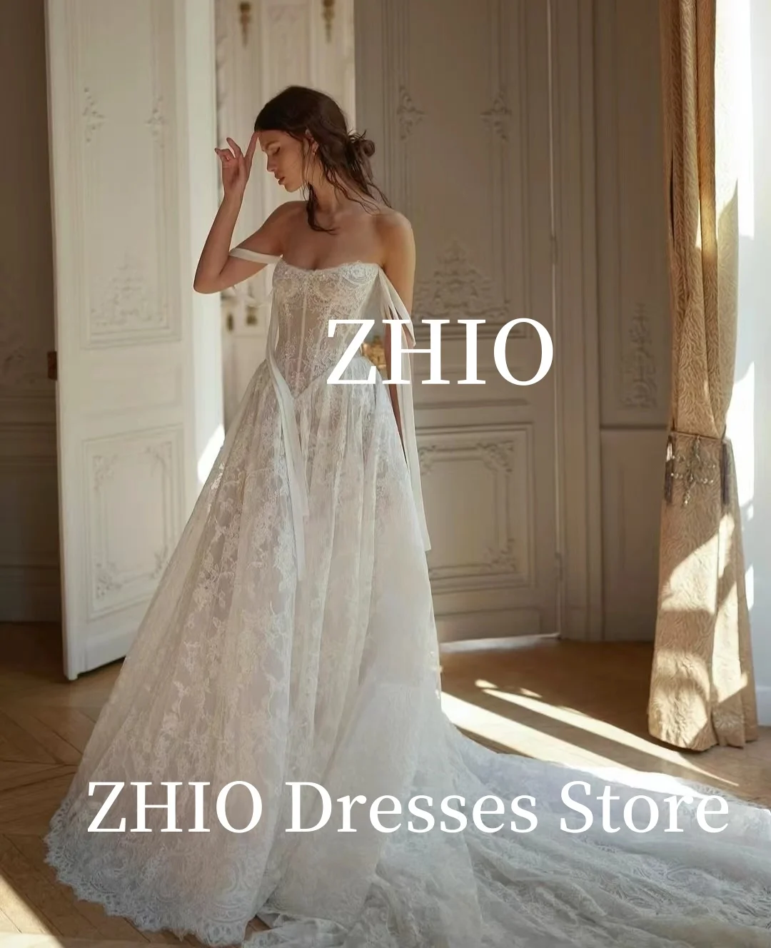 ZHIO Exquisite Lace Off the Shoulder Wedding Dress Draped White Royal Train Corset Bridal Gown Customized Elegant Robe de mariée
