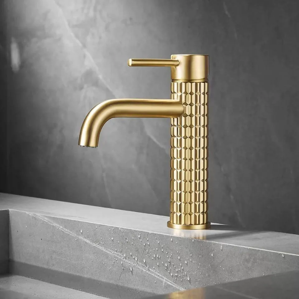 Modern Full Copper Vessel Sink Tap, Embossed Column Single Handle Bathroom Basin Faucet
