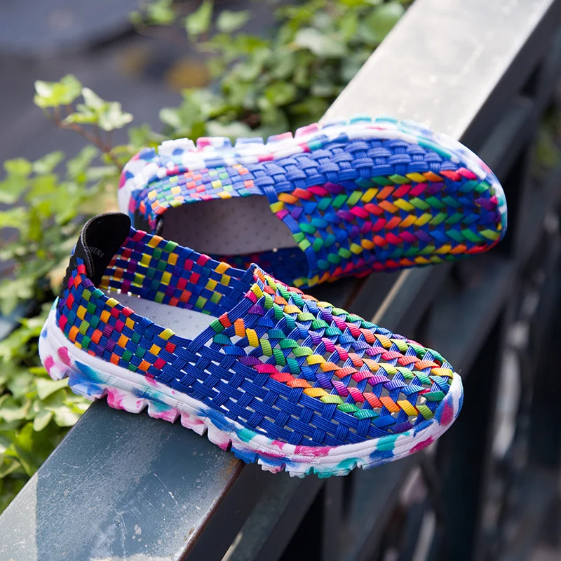 

Women Shoes Summer Flats Female Loafers Women Casual Flat Woven Shoe Breathable Sneakers Slip On Colorful Mujer Plus Size 41