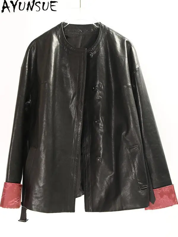 AYUNSUE Women's Vegetable‑Tanned Sheepskin Jackets Luxury Fashion Real Leather Jacket O-neck Black Outerwears Woman Clothes