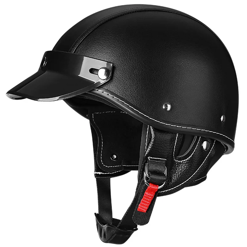 Leather Motorcycle Helmets Retro Vintage Half Face Helmet Low Profile Moto Helmet for Men Women Moped Pilot Safety Hard Hat DOT