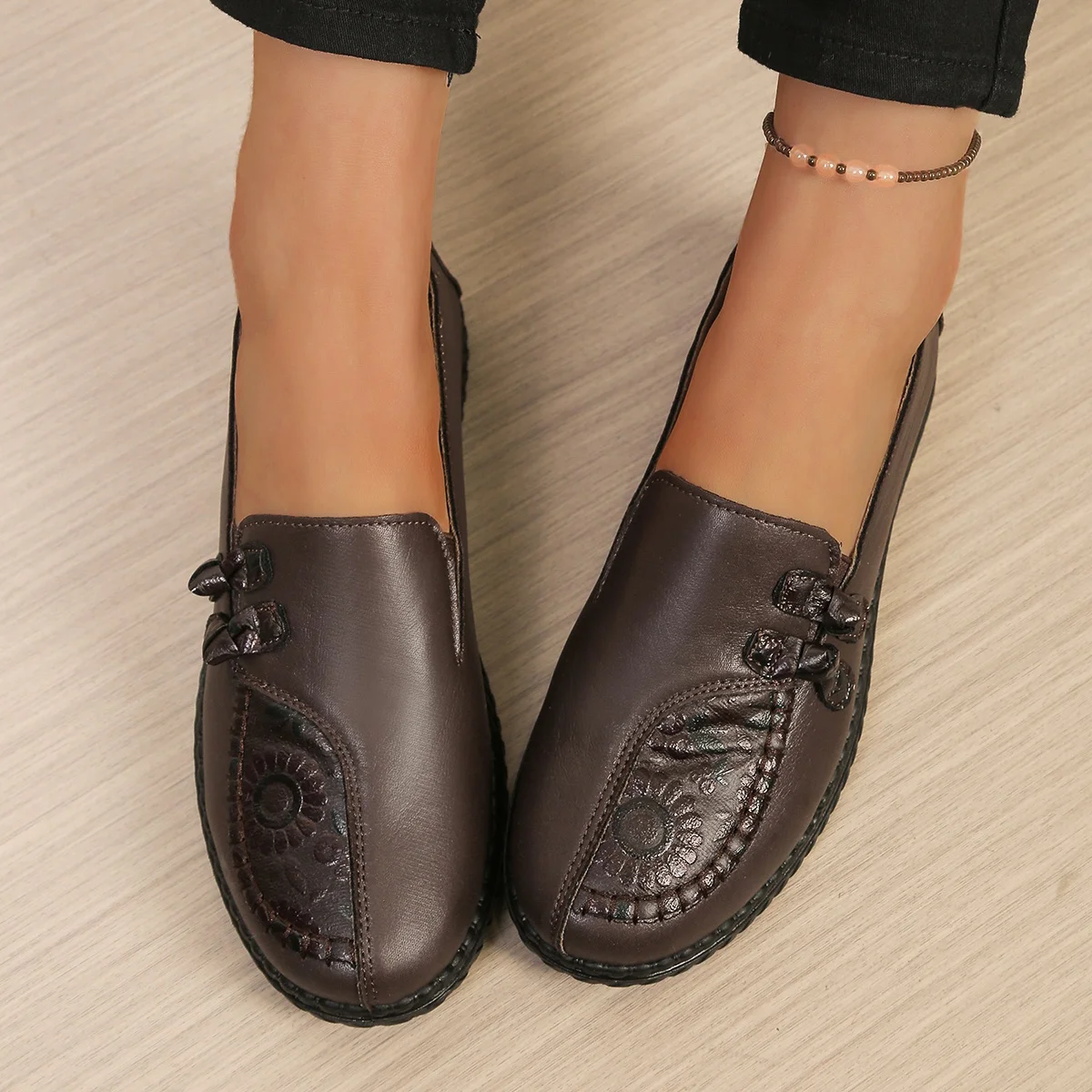 Women's Spring Autumn Leather Loafers Floral Embossed Slip‑On Flats Anti‑Slip Comfort Casual Mom Daily Walking Free Shipping image 6