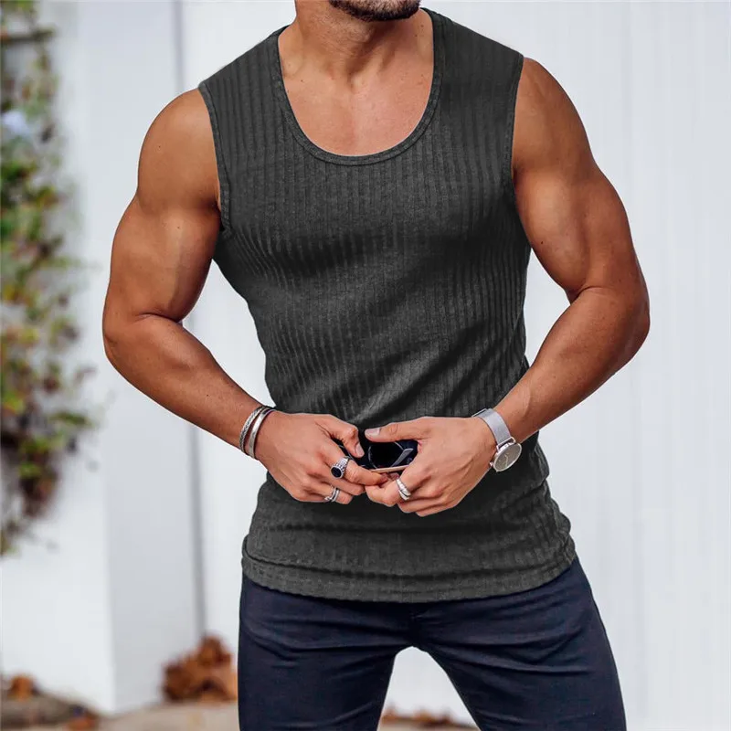 2023 Summer New Men\'s Vest Bodybuilding Tank Tops Men Gym Fitness Workout Knit Sleeveless Shirt Male Casual Singlet Vest