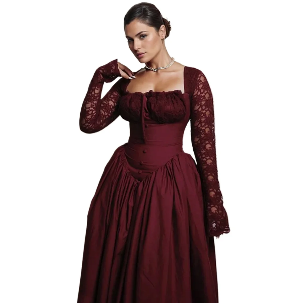 

Vintage Square Neck Lace Long Formal Evening Dress With Long Sleeves Bungundy