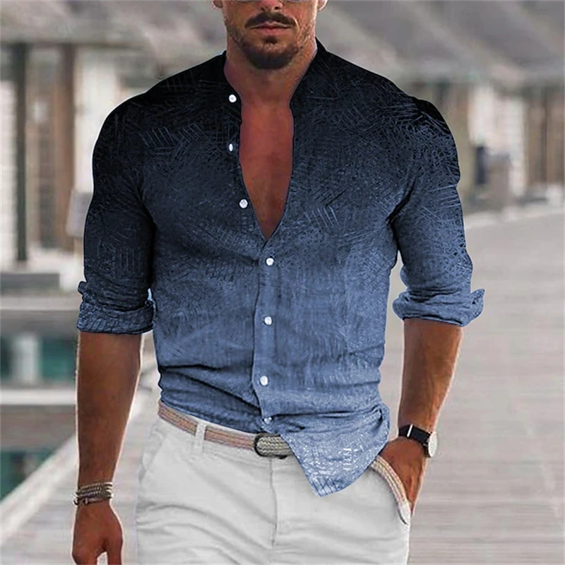 New Men's Gradient Long-sleeved Shirt Street Retro Style Single-breasted Shirt Fall Collar Long-sleeved Temperament Shirt