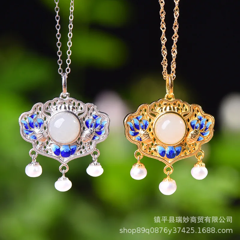 

S925 Silver Inlaid Hetian Jade Peace Lock Enamel Pendant Necklace Women