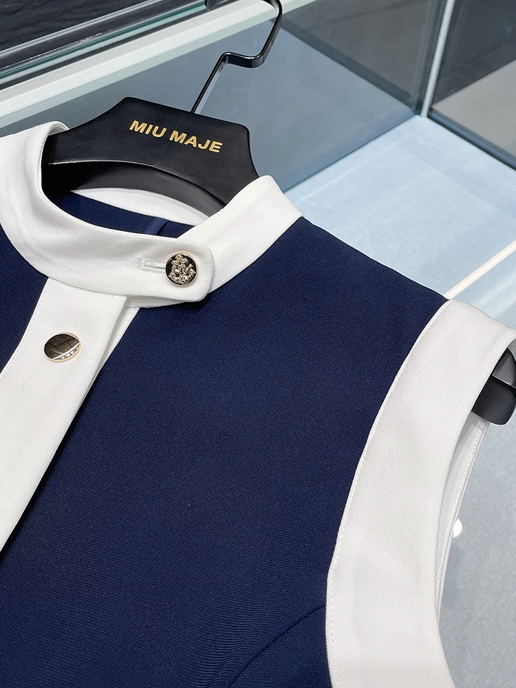 เอวสูงทรงเอ ดร.สีฟ้าสีขาวบลอเอวเข้ารูป Svel French Sle Summer Faion เสื้อผ้าผู้หญิง