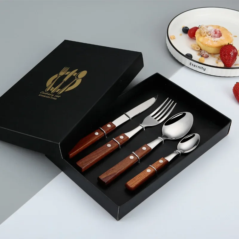 

304 Stainless Steel Dining Knife Fork Spoon Wooden Handle Knife Fork Spoon Four Piece Set Restaurant Steak Flatware Sets