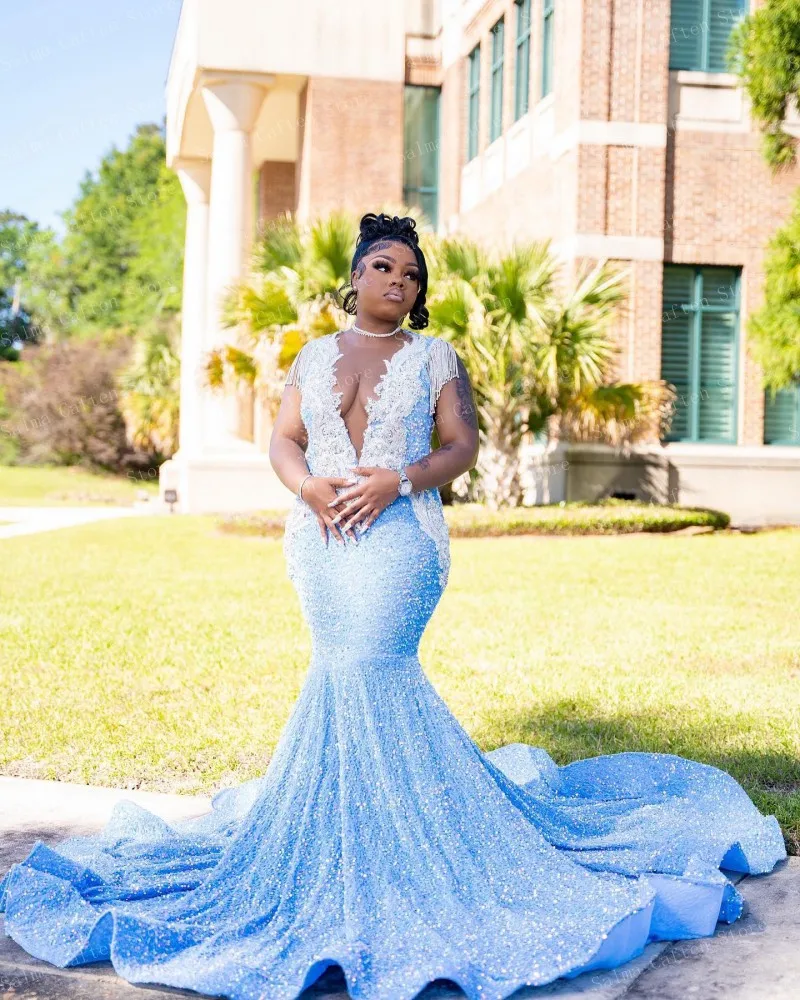 Light Blue Mermaid Dress Sequins Ruffled Sleevless Luxury South Africa Appliques Crystal Beaded Evening Dresses For Wedding