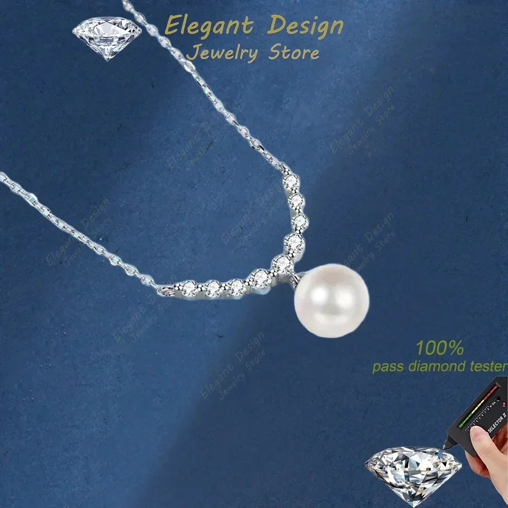 Elegant Store Moissanite 8mm Pearl Pendant Necklace, Classic PT950 Platinum 0.36ct Real Moissanite Necklace for Women Party Gift