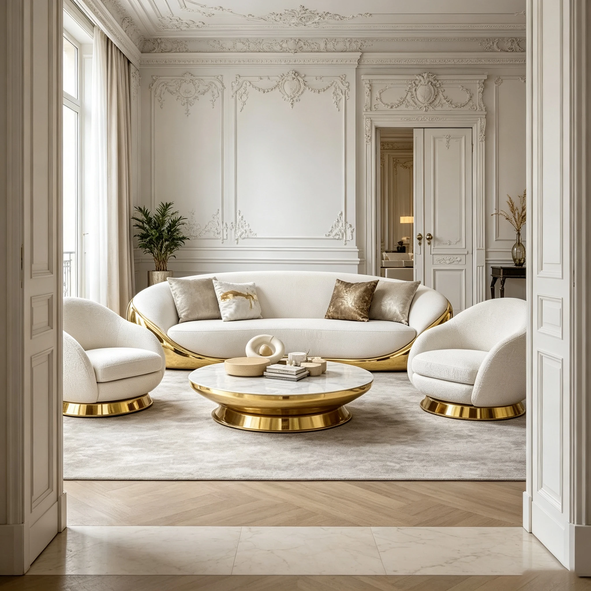 G*-Custom Designer Curved Sofa Solid Fiberglass Frame Boucle Upholstery Luxury Gold Plated Base Sofa