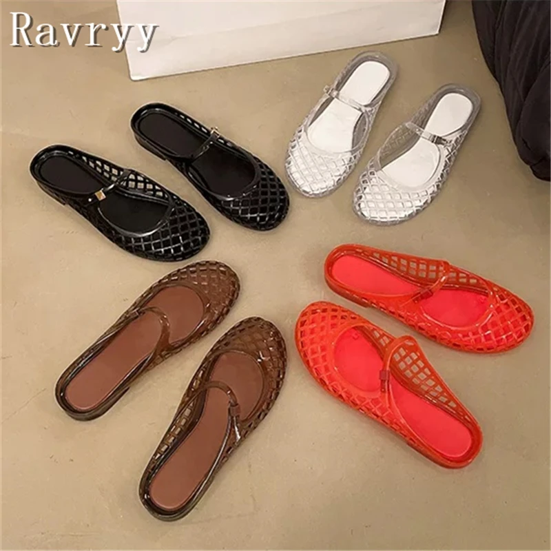 

Women Hollow Out Jelly Mules Closed Toe Flat Slip-On Sandals Breathable PVC Plastic Slippers for Summer Beach Casual Daily Wear