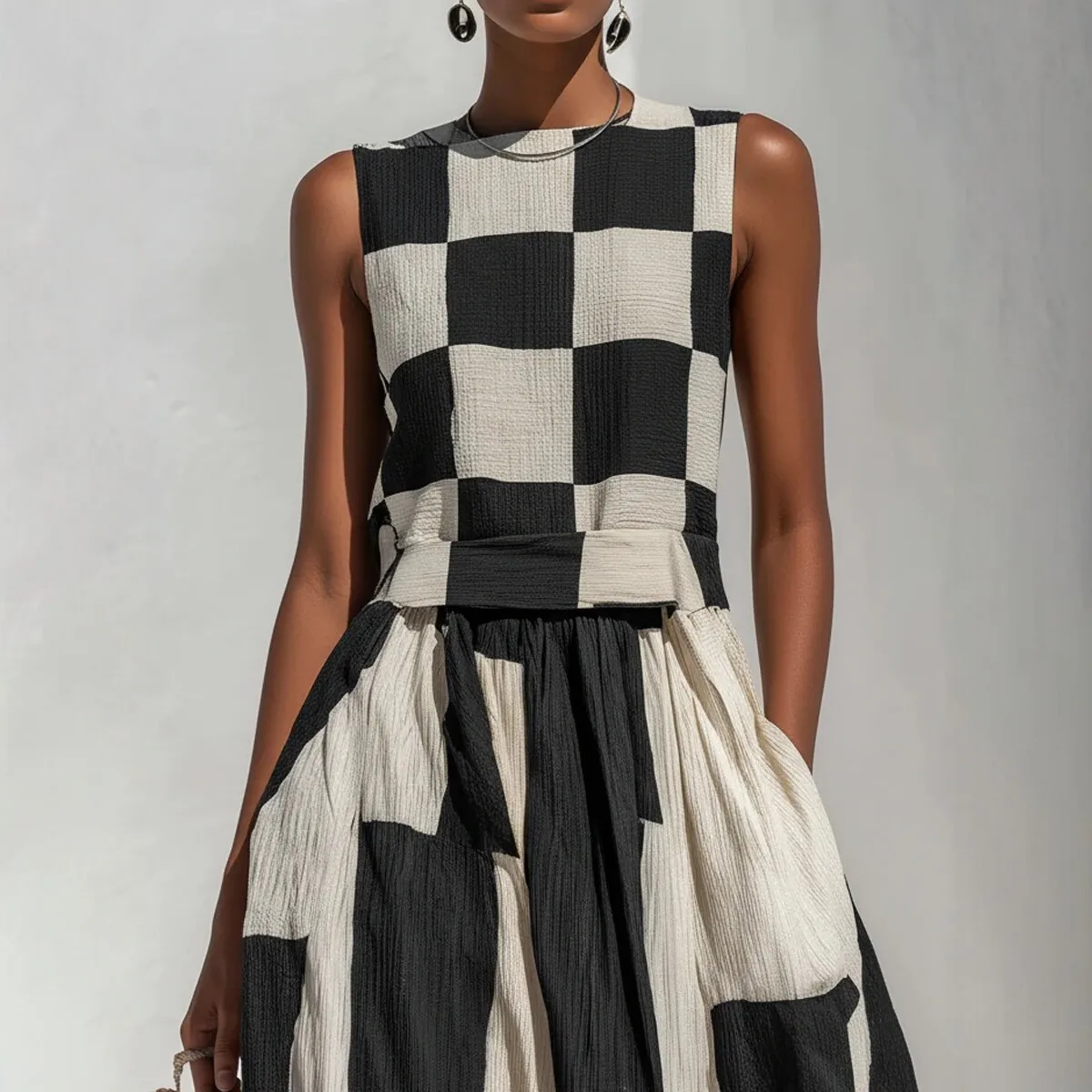 2026 Retro Style Maxi Dress Black and White Plaid Sleeveless Splicing Long Dress, Vacation Style Dress Y2K Vestidos