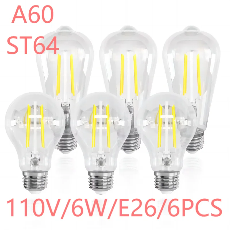 

Retro Edison Bulb E26 110V 6PCS A60 ST64 Filament LED Light Bulbs 2700K 4000K 5000K For Home Decor Vintage Incandescent Lamps