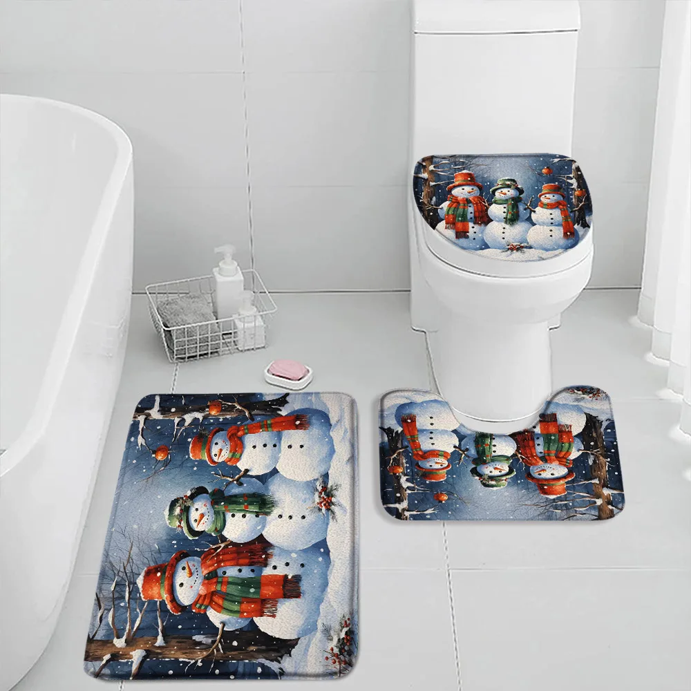 Christmas Snowman Bath Mat Set Winter Holiday Snow Forest Pine Tree Xmas Gifts Bath Decor Flannel Home Carpet Toilet Lid Cover