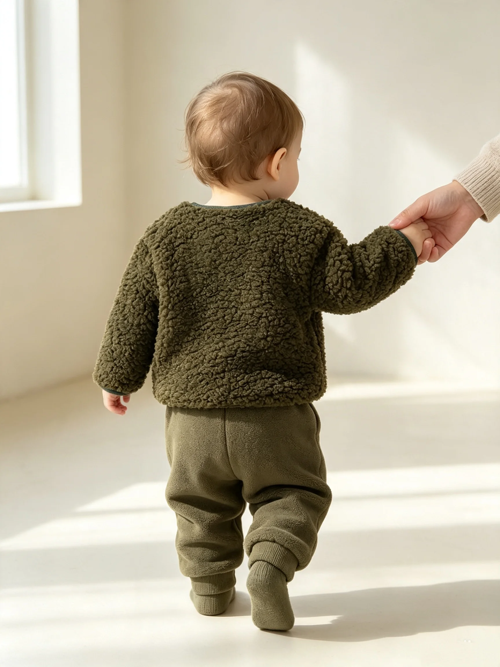 Toddler Boys Cozy Teddy Fleece 2 Piece Set Olive Green Sherpa Jacket Pants Infant Fall Winter Warm Casual Outfit