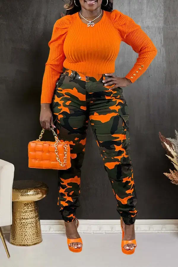 Women Cargo Pant Long Pants Slim Fit Sexy Print Camouflage Tight Waist Sheath Casual Regular Pockets Splice Trousers Summer