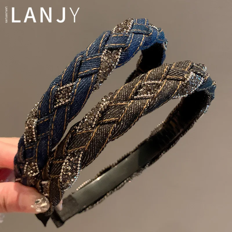 

French Vintage Headband hair woman Denim Blue Rhinestone Wrapped Hair Bands Korean style Fried Dough Twists Braid Hair clips