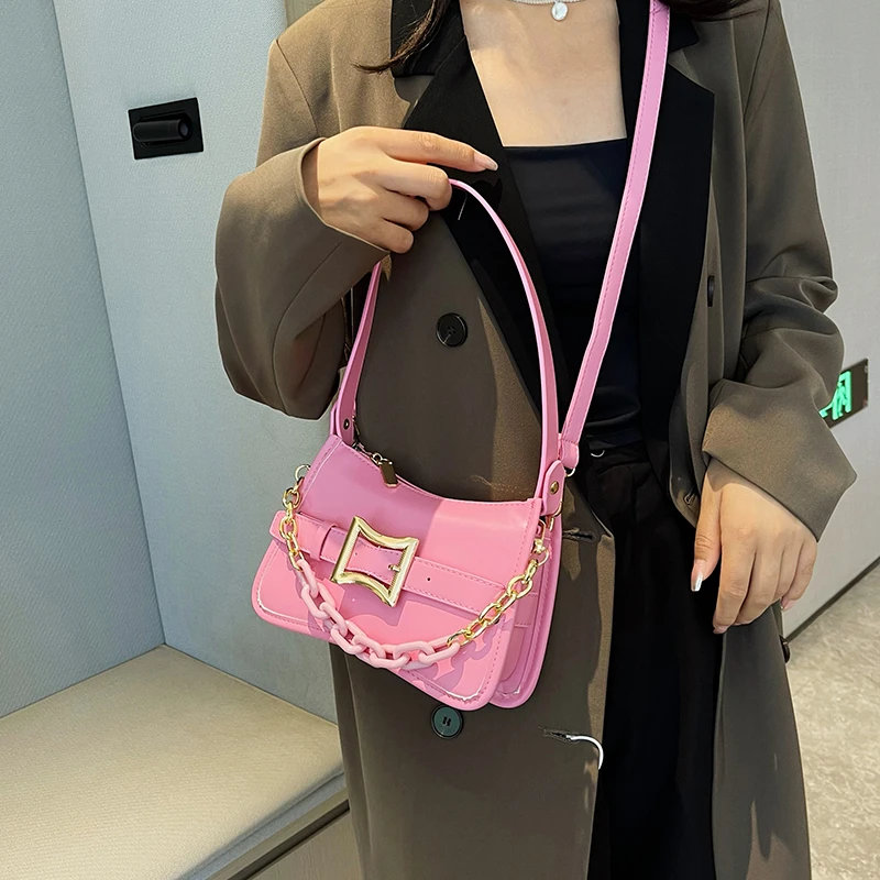 Bolsa de ombro de corrente grossa para mulheres, bolsa de couro PU, monocromática, zipper messenger bag, embreagem rosa, moda feminina