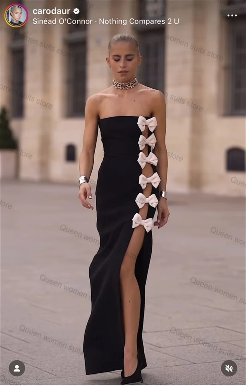 Black Women Prom Dress Sexy Hollow White Bow Formal Strapless Sleeveless Party Evening Gown Skirt Robes Custom Made