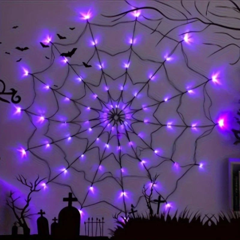 70 LEDs Halloween Spider Web  Lights Decoration Battery Operated With Remote Control Net Mesh  Garden Wall Decor