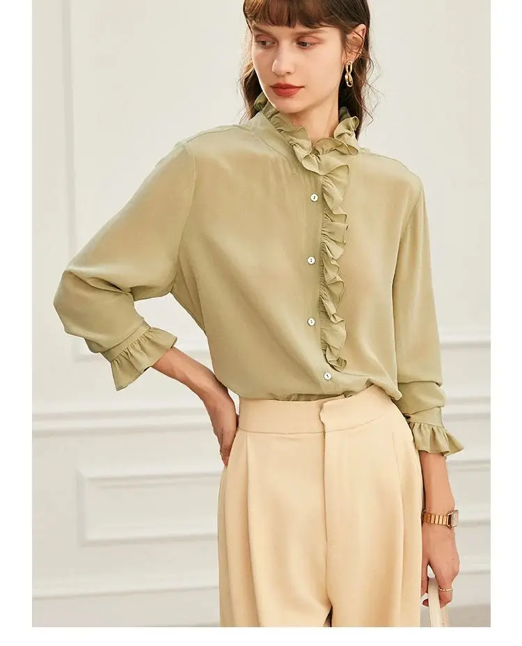 BirdTree, 100%Real Silk Elegant Shirt, Women Long Sleeve Ruffles, French Retro Office Lady Blouse, 2024 Autumn Winter T48954QM