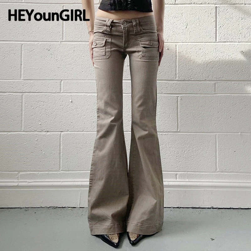 HEYounGIRL Y2K Flare Jeans with Pockets Women Stylish 2000s Vintage Khaki Slim Fit Denim Trousers Spring High Street Pants Lady