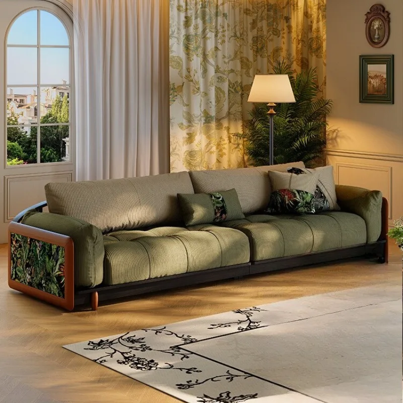 

French retro straight-row sofa small apartment living room furniture American antique green fabric sofa