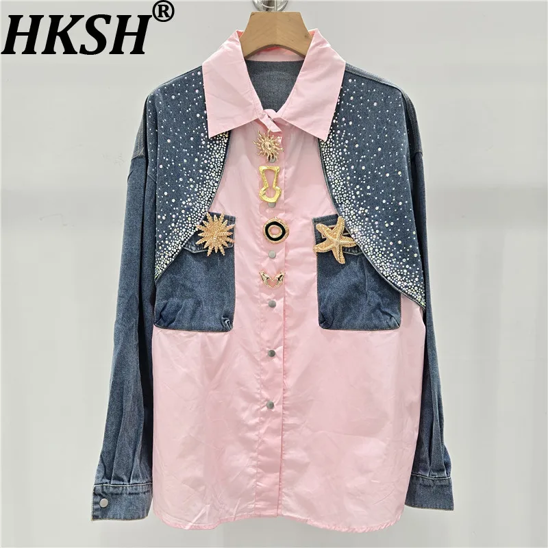 

Женская рубашка HKSH из денима с пэчворком, цветными блоками, стразами и металлическим декором, длинные рукава, стиль Y2K, новинка весны 2026 HK19325