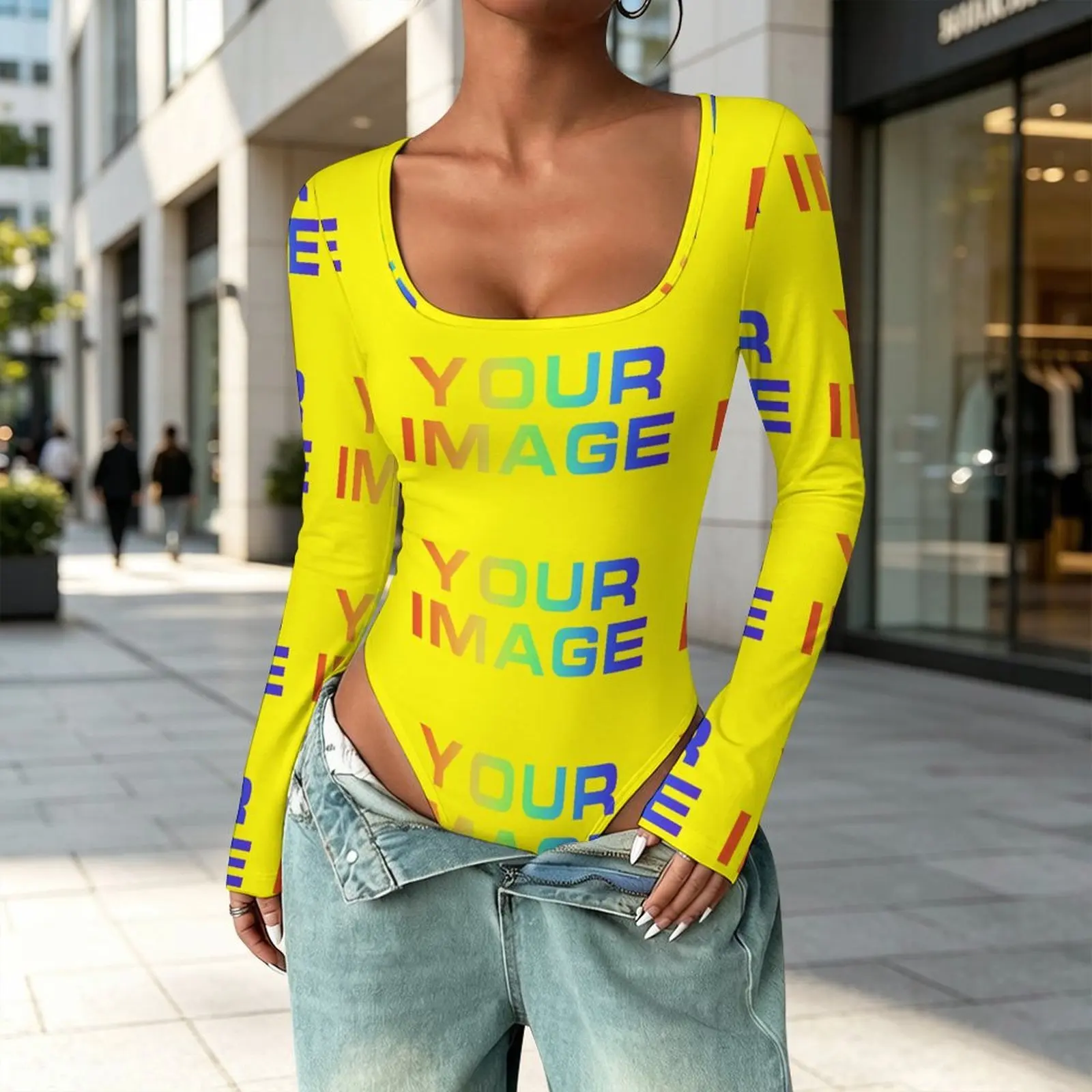 Long Sleeves Bodysuit Square Neckline Sexy Bodycon Tops Casual Street Bodice For Women ClubWear Custom Print On Demand