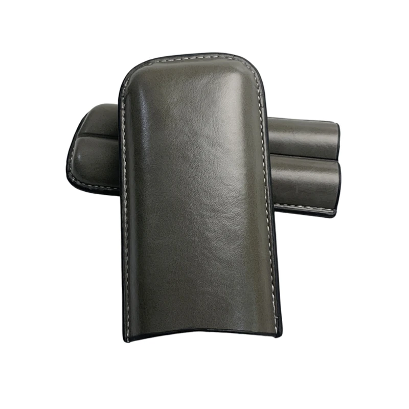 Portable Gray Leather Cigar Case for Two Cigars