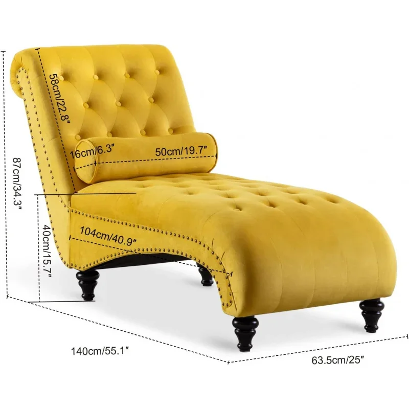 Tufted Velvet Chaise Lounge Indoor, Leisure Accent Chair Upholstered Couch with Toss Pillow for Bedrooom Living (Yellow)