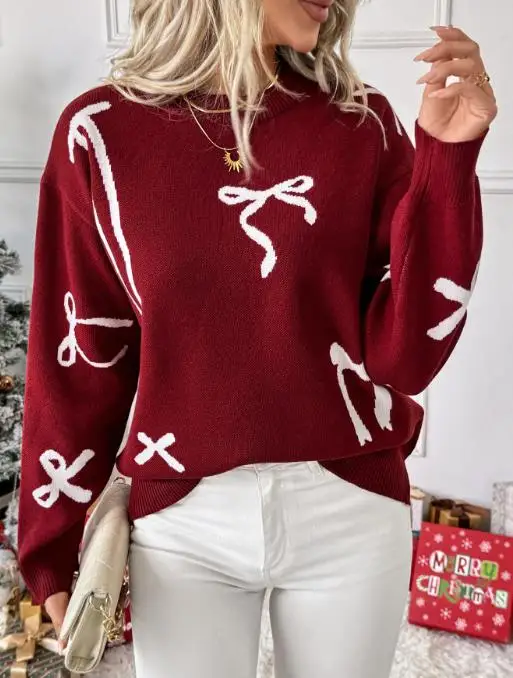 سترة المرأة 2025 جديد الخريف/الشتاء عيد الميلاد الحلو الرياح الجولة الرقبة فراشة عقدة سترة جاكار للنساء