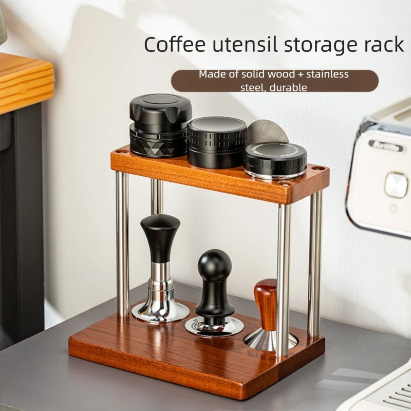 51-58mm Wooden Coffee Tamper Station Stand with Knock Box Coffee Organizer for Portafilter Tamper Distributor Puck Screen