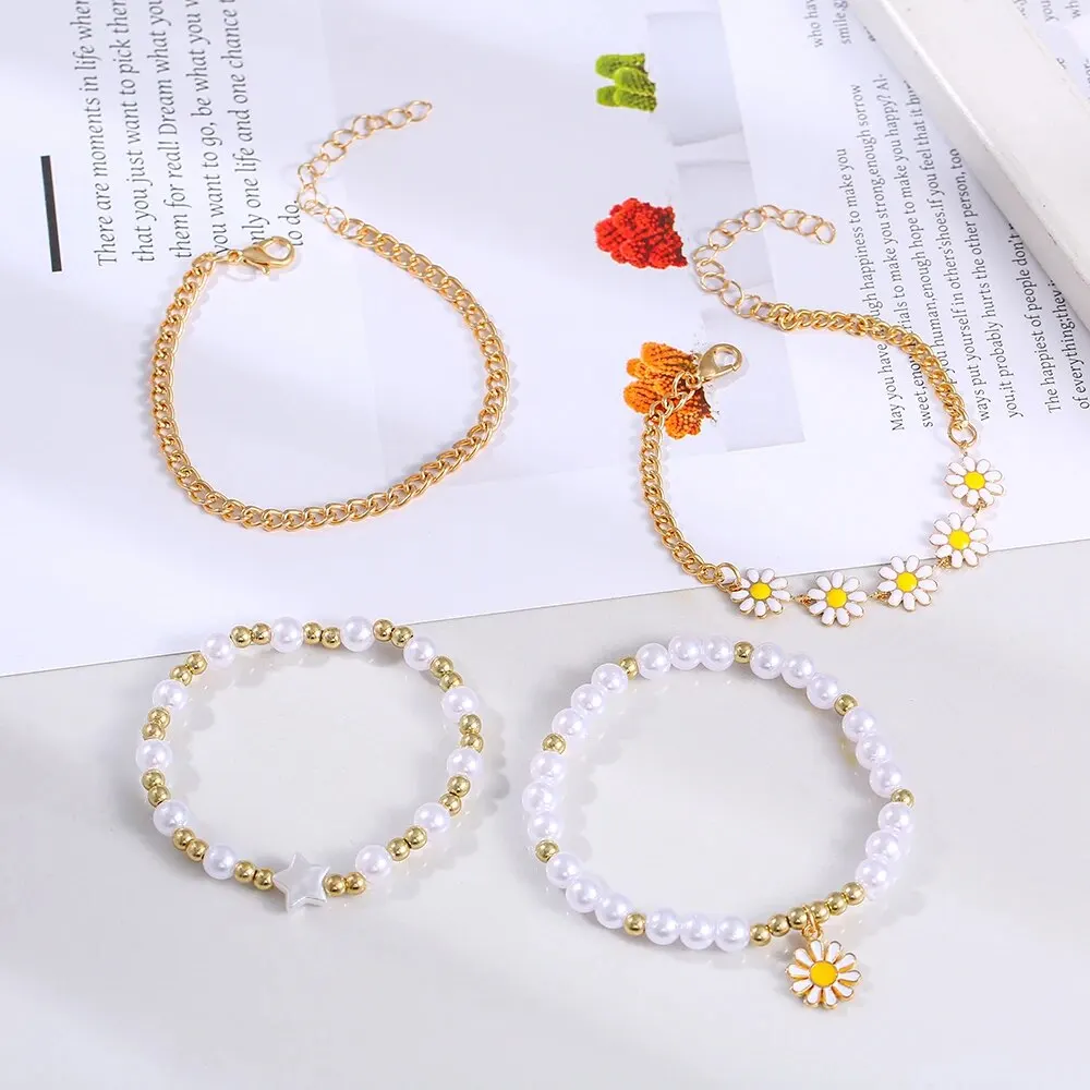 White Quartz Watch Dainty Bracelet For Women Leisure Casual Round Hollowed Pattern Bracelet Set