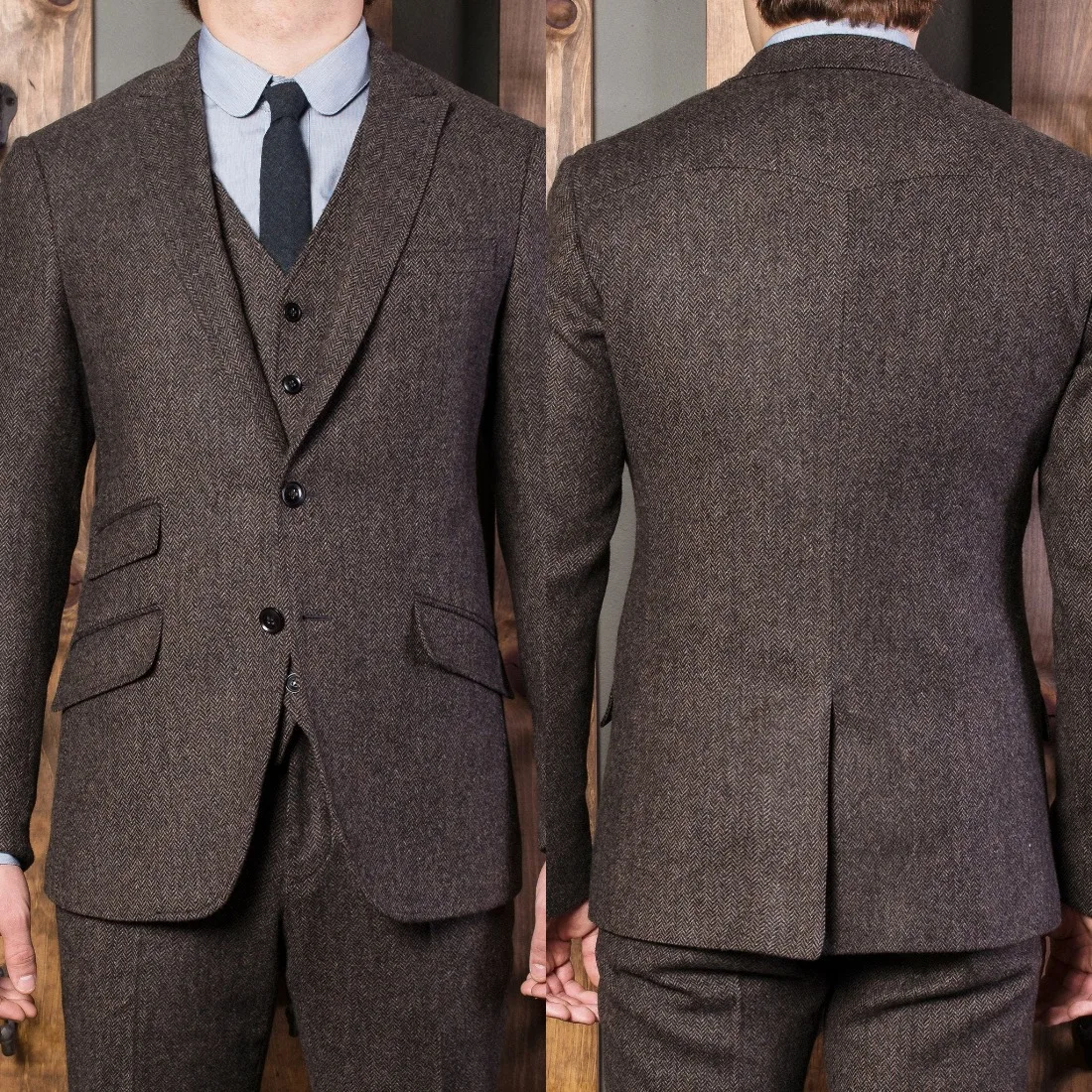Classic Brown Herringbone Tweed 3-Piece Suit with Waistcoat and Flap Pockets Men Autumn Vintage Tuxedo Customized M266398