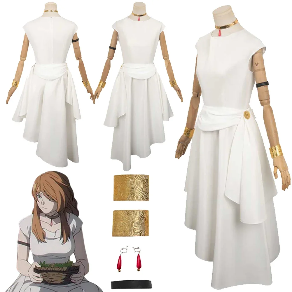 

Flamme Cosplay Fantasy Anime Sousou Of Frieren Disguise Costume Adult Women White Dress Necklace Halloween Roleplay Clothes