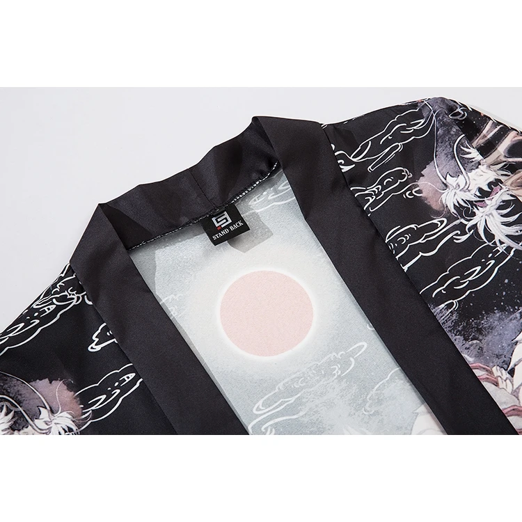 التنين الصيني موضة Harajuku اليابان كيمونو الخارجي للنساء والرجال الصيف أبيض أسود فضفاض كيمونو ملابس خارجية ملابس الشاطئ