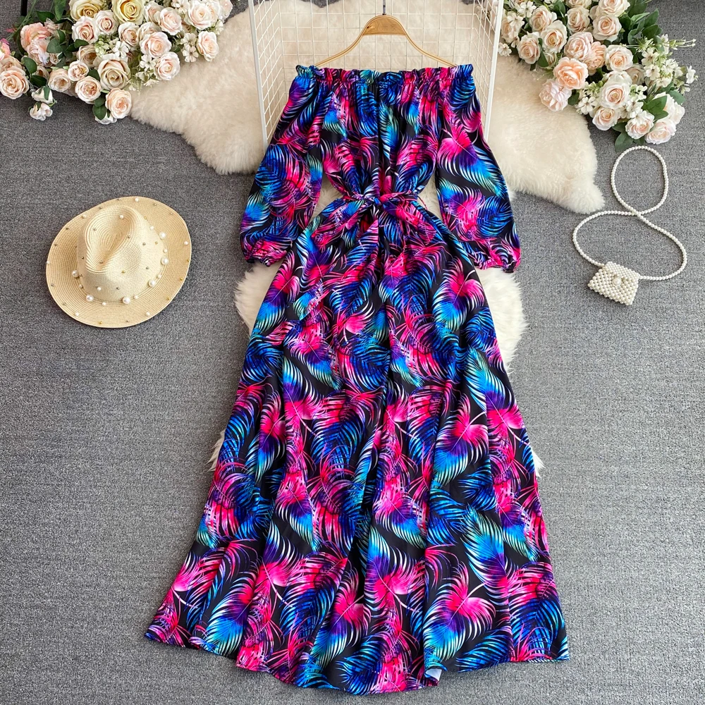 فستان أنيق على شكل حرف a بكتف واحد مطبوع للتخسيس بخصر عالٍ طويل لقضاء عطلة الشاطئ على الطراز الكوري للتنقل مزين بالزهور للخري...