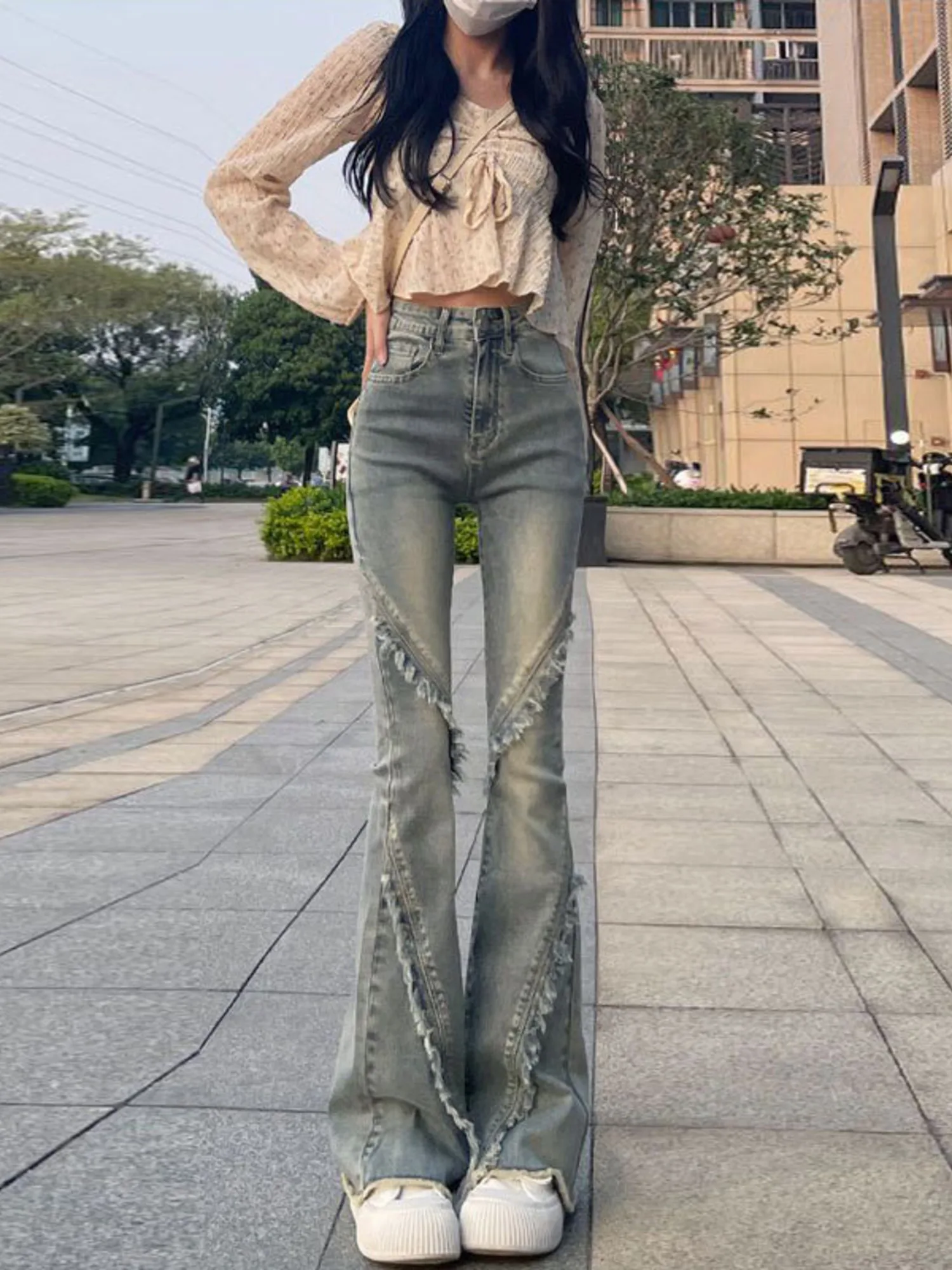 Women's Vintage Washed Bootcut Jeans Diagonal Splicing Frayed Edge Denim Pants High Waist Flared Long Jeans