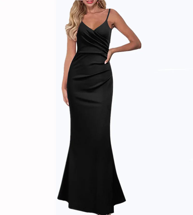 Spring Summer Women European American Evening Dress Spaghetti Strap Slim Fit Solid Color Satin Formal Party Gown