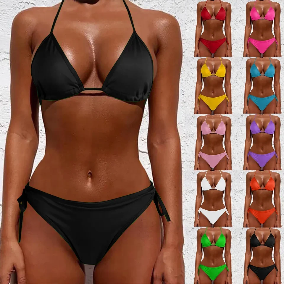

2 Pcs/Set Bikini Set Sexy Bikinis New Solid Color Halter Neck Strap Thong Swimwear Bathing Suit Women Swimsuit Set for Beach