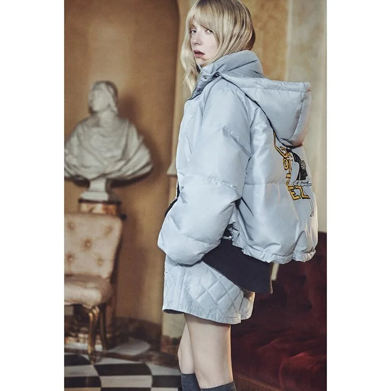 Thiened Goose down Jaet Hooded Print Commute Sle Women's Coat Regular Length Sve Pure Color Korean Version QPP Brand