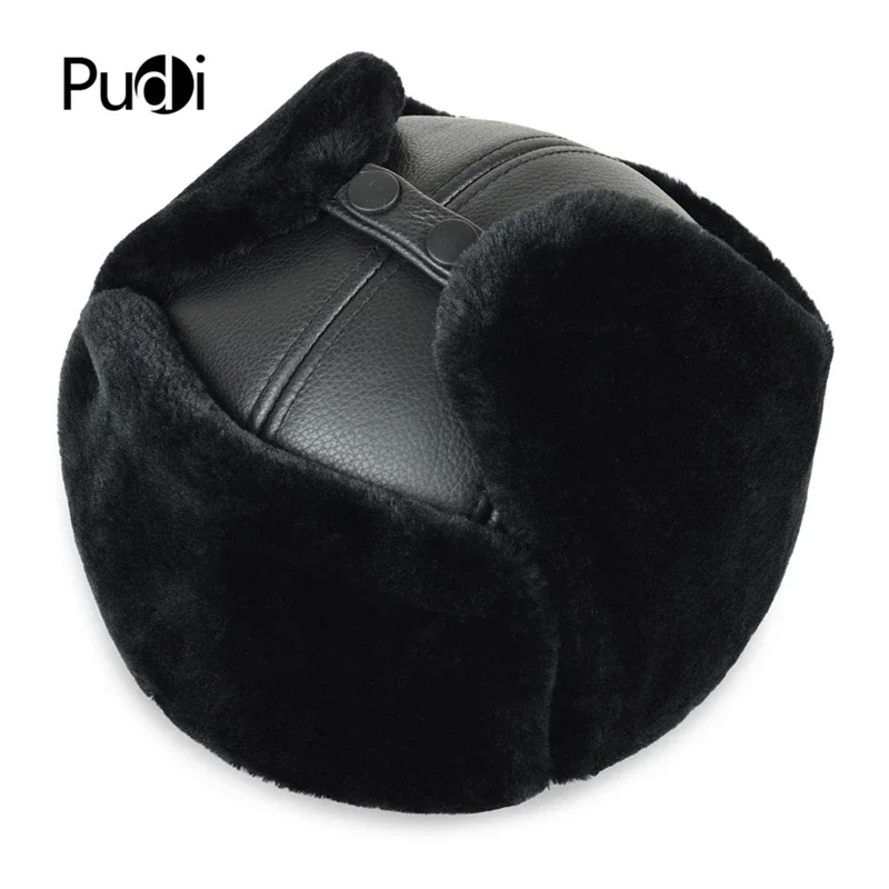 HL074 Genuine Cow Skin Leather Men's Bomber Hats With Ear Flap Russian Winter Faux Fur Earmuffs Caps Brown Black Colors