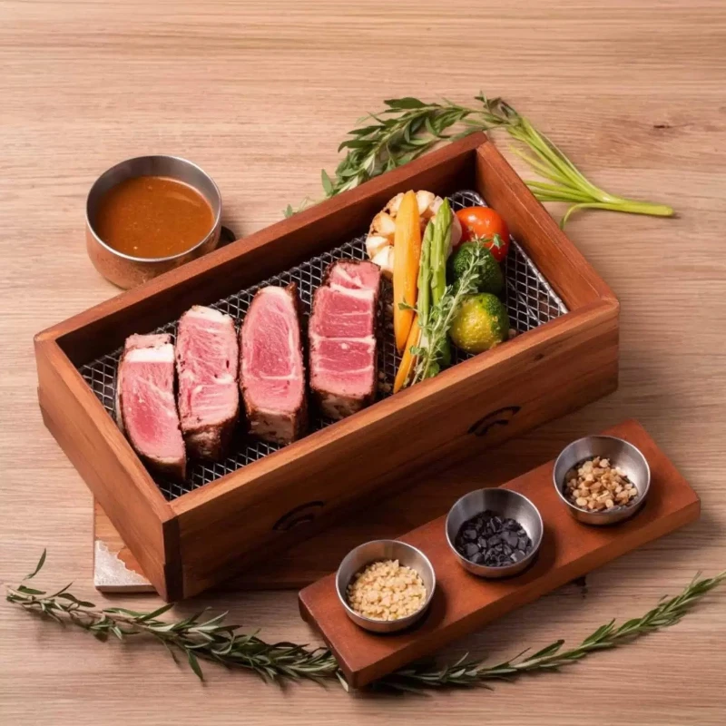Carbon Fire Steak Barbecue Box Smoked Meat Bacon Box Western Food Dishes Creative Roast Squa Wooden Tableware in Restaurant