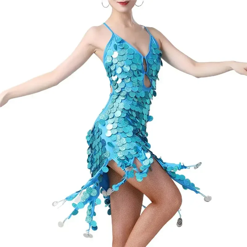 

Women Sexy Sequins Tassel Latin Dance Dress Tango Salsa Rumba Ballroom Costume Backless Cutout Cocktail Party Flapper Dress