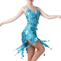Women Sexy Sequins Tassel Latin Dance Dress Tango Salsa Rumba Ballroom Costume Backless Cutout Cocktail Party Flapper Dress