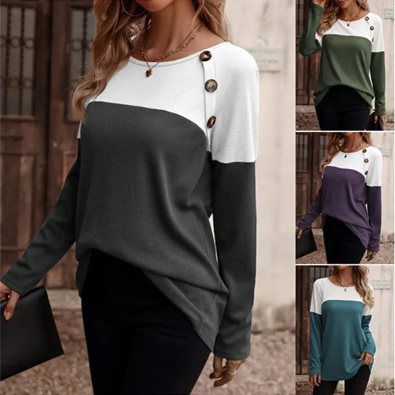 2023 New Autumn Winter Women\'s Clothing Long Sleeve Crew Neck Loose Casual Commute Streetwear Contrast Color T-shirt