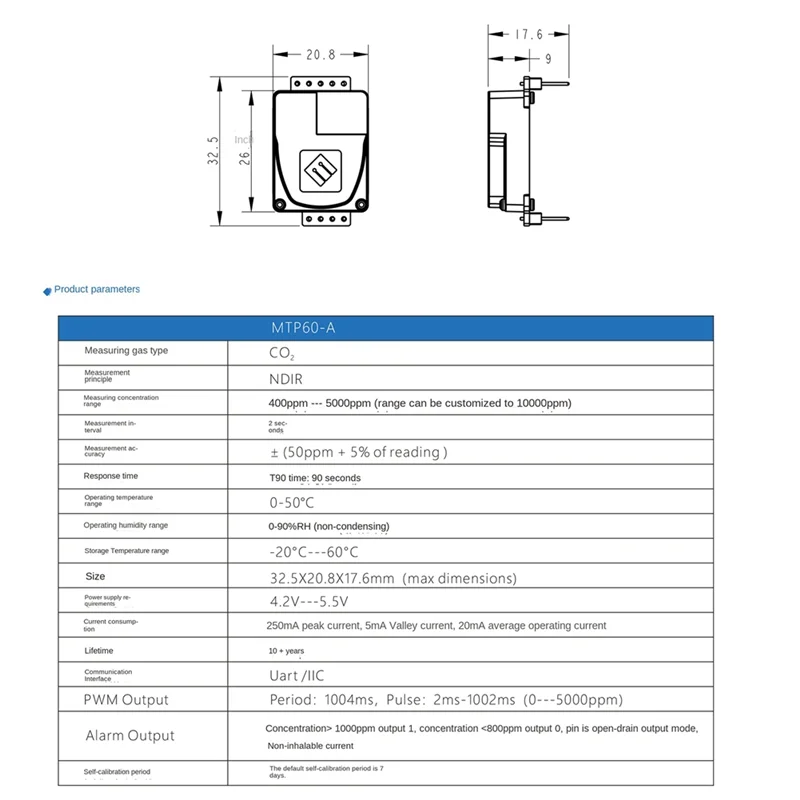 

-FDDT 1 Piece CO2 Sensor Module Detects Sensor Air Quality Sensor MTP60-A High Accuracy NDIR Single Channel