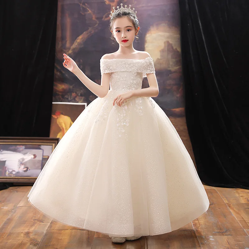 Luxury Sequin Lace Princess Dress For Girls Off Shoulder Evening Prom Kids Long Gown Wedding Party Costumes Formal Vestido